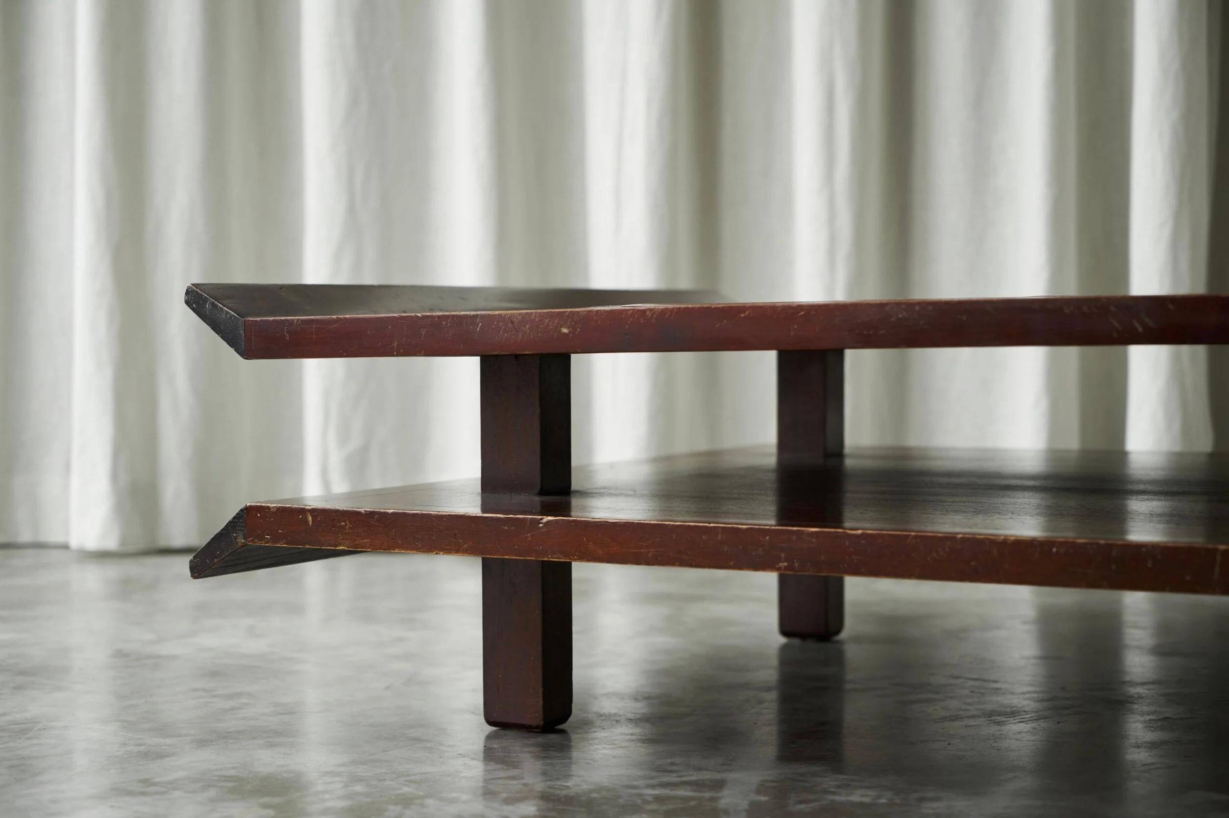 Two-level pagoda coffee table in Wabi-Sabi style, wood and bamboo from the 1970s.