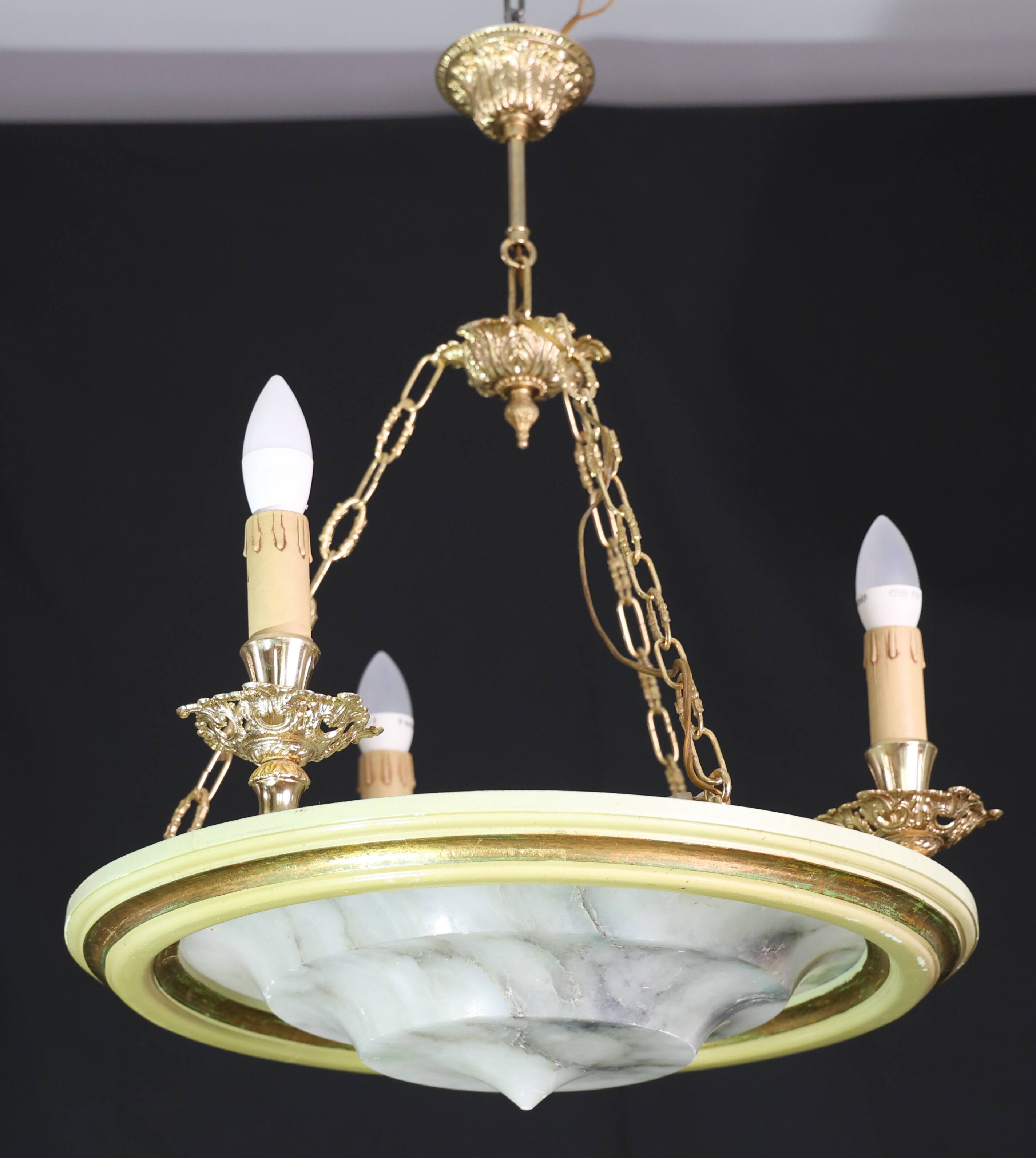 Masterpiece Art Deco design white alabaster chandelier circular wooden fram