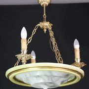Masterpiece Art Deco design white alabaster chandelier circular wooden fram