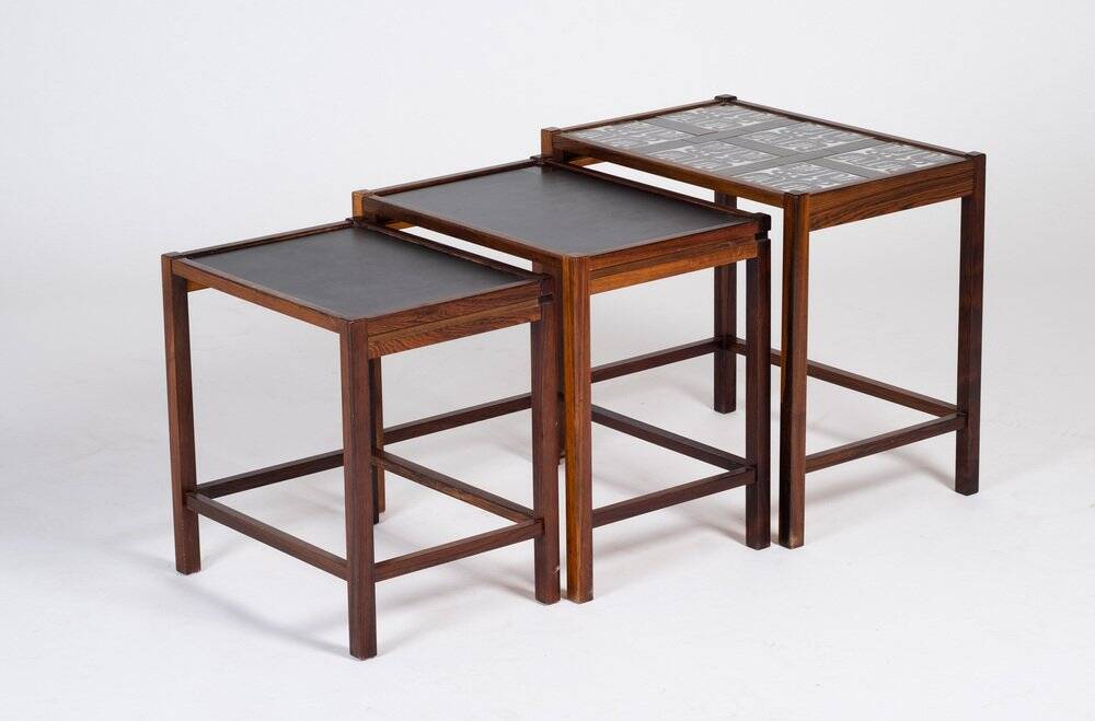 Nest of Tables in Rosewood with Tiles, Denmark, 1960s, Set of 3