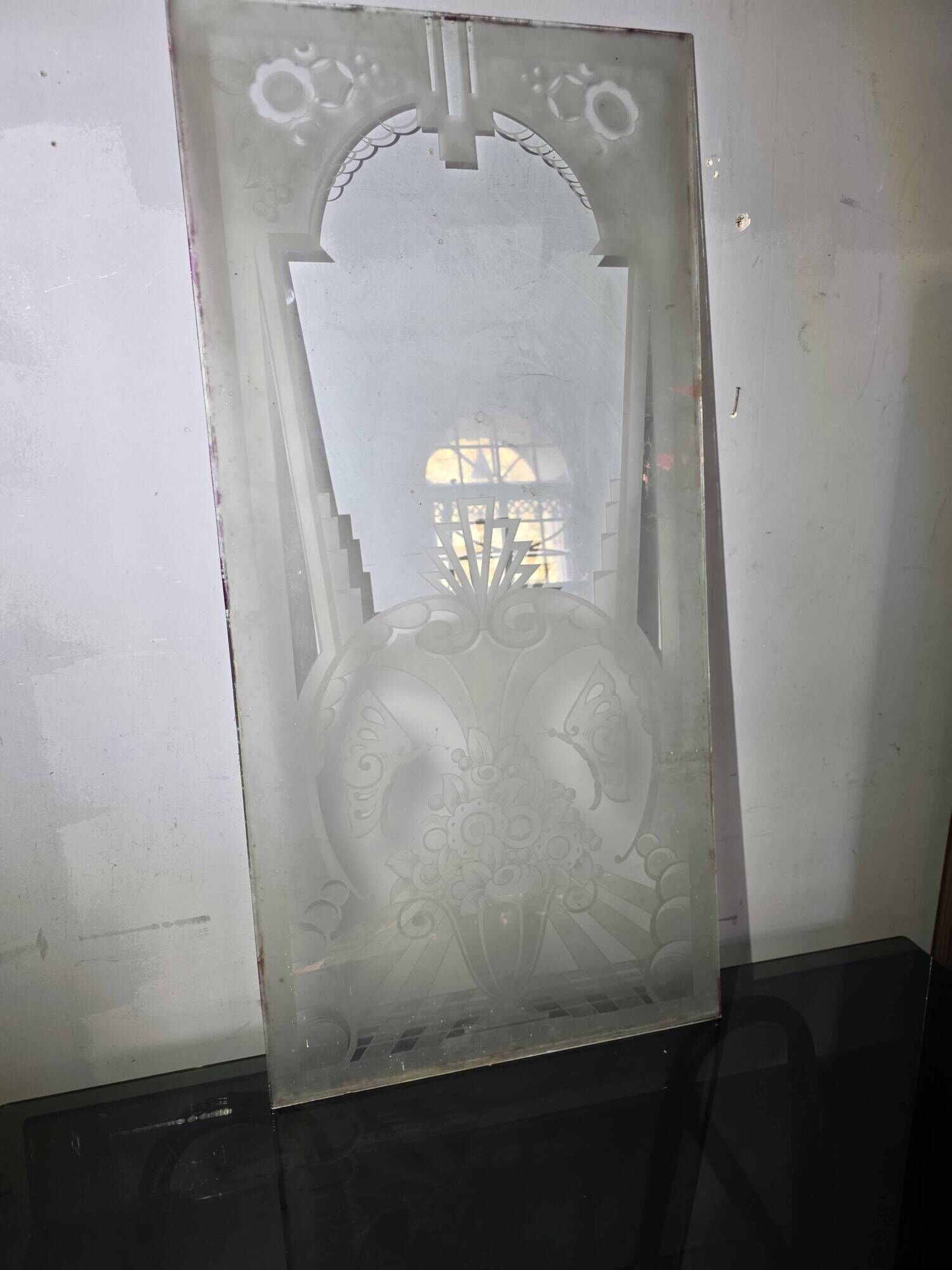 Art Deco engraved glass door panel 1930