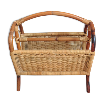 Magazine holder in rattan and braided wicker / vintage 60s-70s