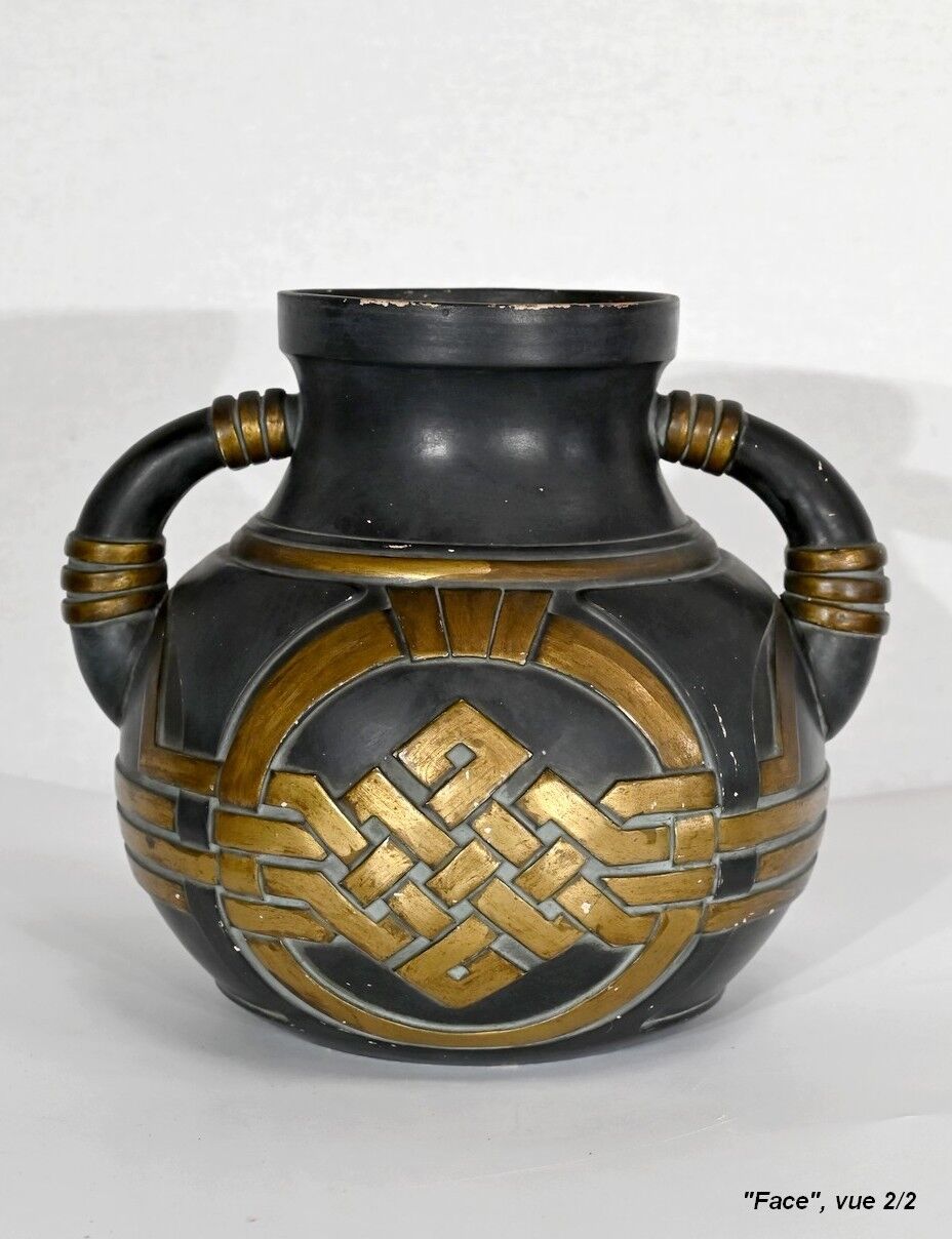 Terracotta vase anthracite and golden 1900