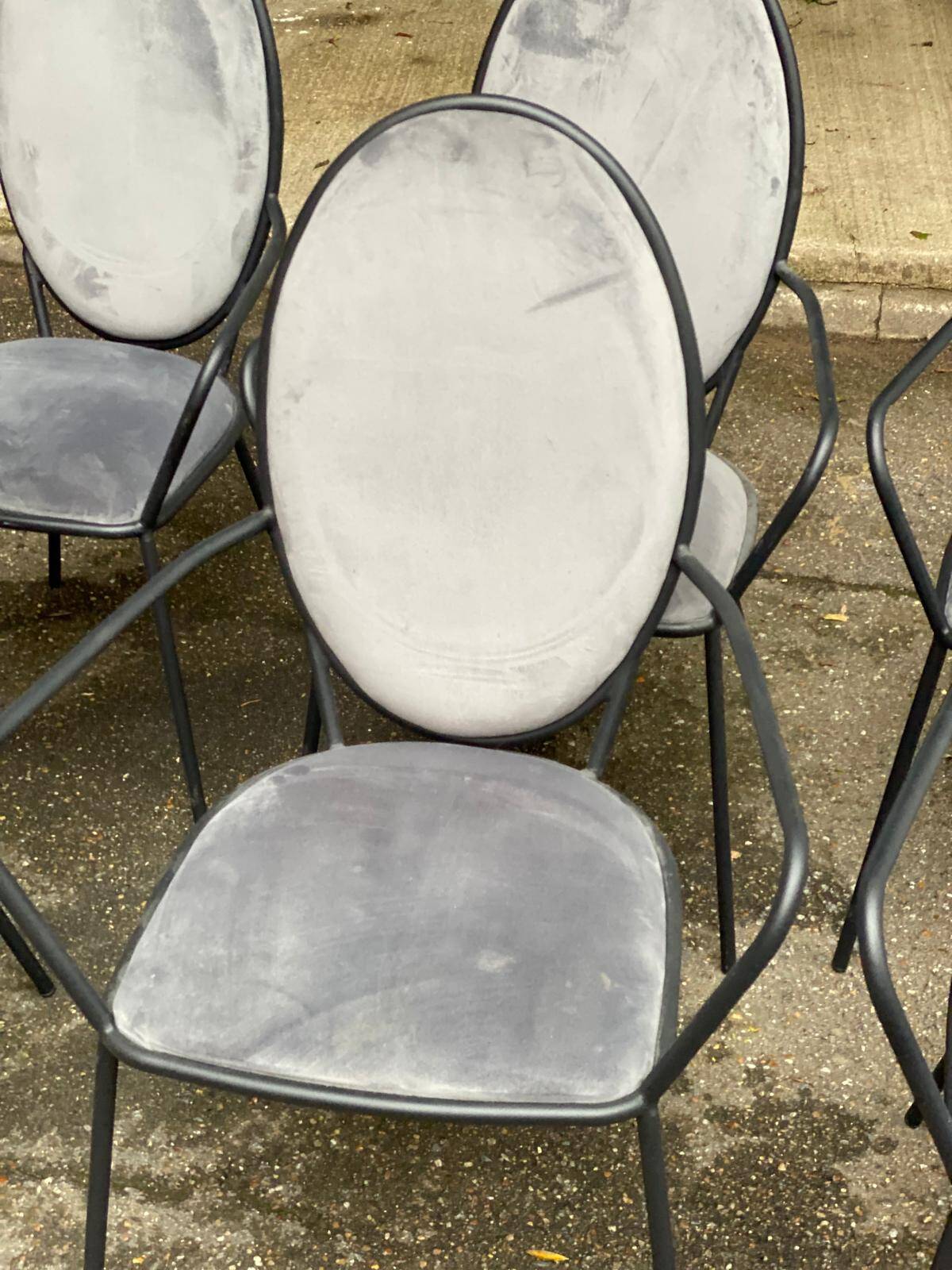 6 black and grey velvet medallion dining chairs with armrests
