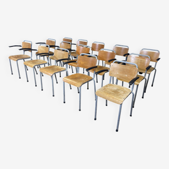 Lot of 15 school armchairs 206 Gispen honey wood gray steel 1960s