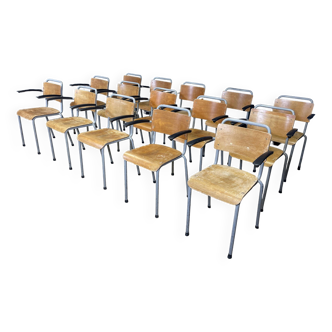 Lot de 15 fauteuils école 206 Gispen bois miel acier gris années 60