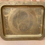Antique Oriental Serving Tray Brass Chiseled Decor Vintage Kitchen