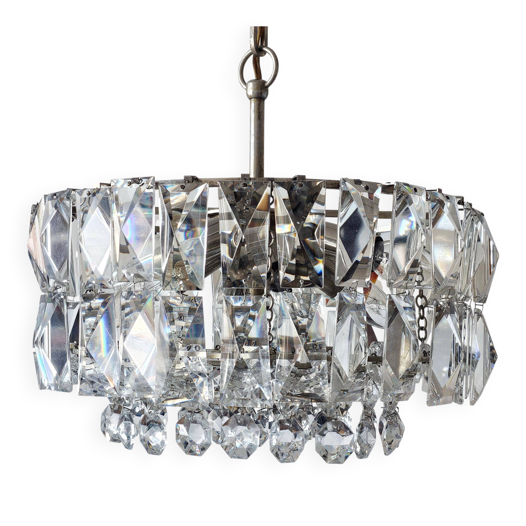 Nickel-plated crystal chandelier Mid Century Modern by Bakalowits