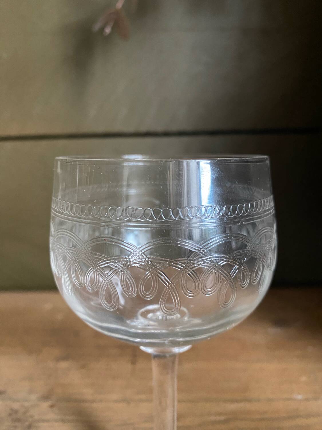 Set of 7 old etched glass stemware
