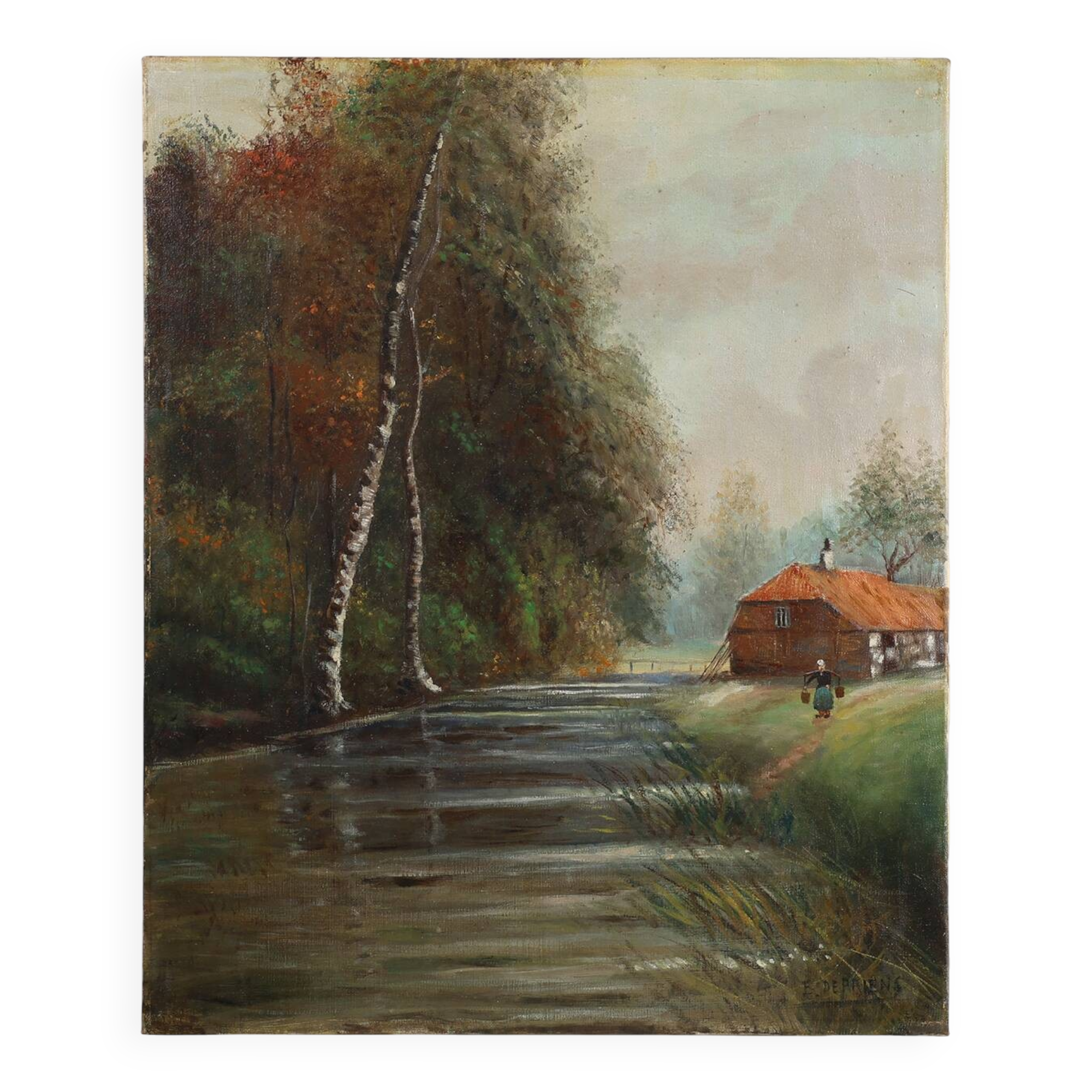 Rustic Farmstead Painting by E. Depriens in Oil on Canvas, Belgium ca. 1930