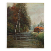 Peinture de ferme rustique par E. Depriens à l'huile sur toile, Belgique vers 1930