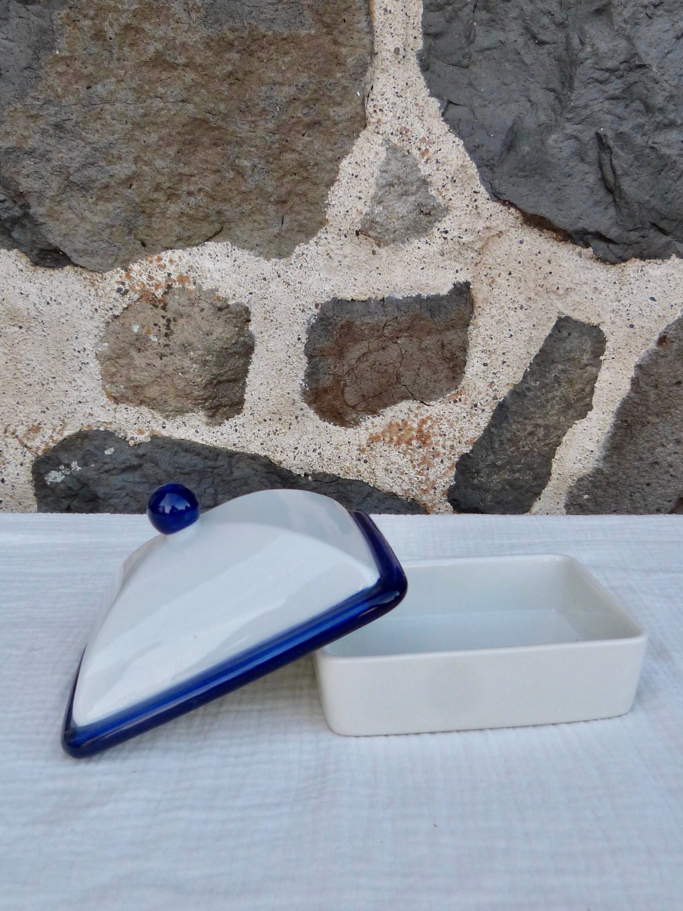 White and blue ceramic butter dish