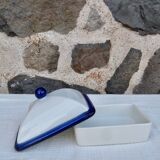 White and blue ceramic butter dish