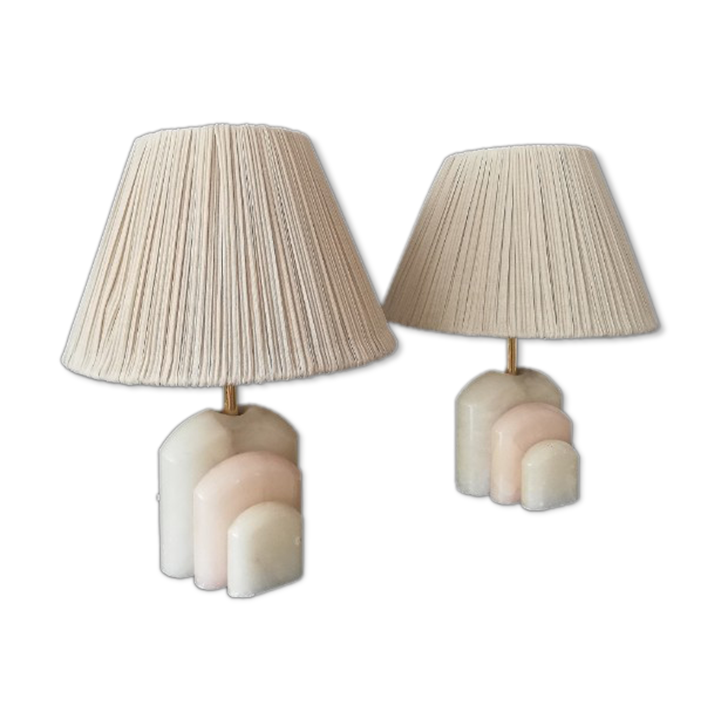 Paire de lampes de table Art Déco en marbre albâtre à abat-jour plissé vintage