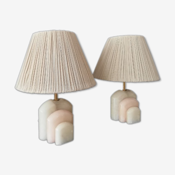 Pair of Art Deco marble alabaster pleated shade table lamps vintage