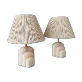 Paire de lampes de table Art Déco en marbre albâtre à abat-jour plissé vintage
