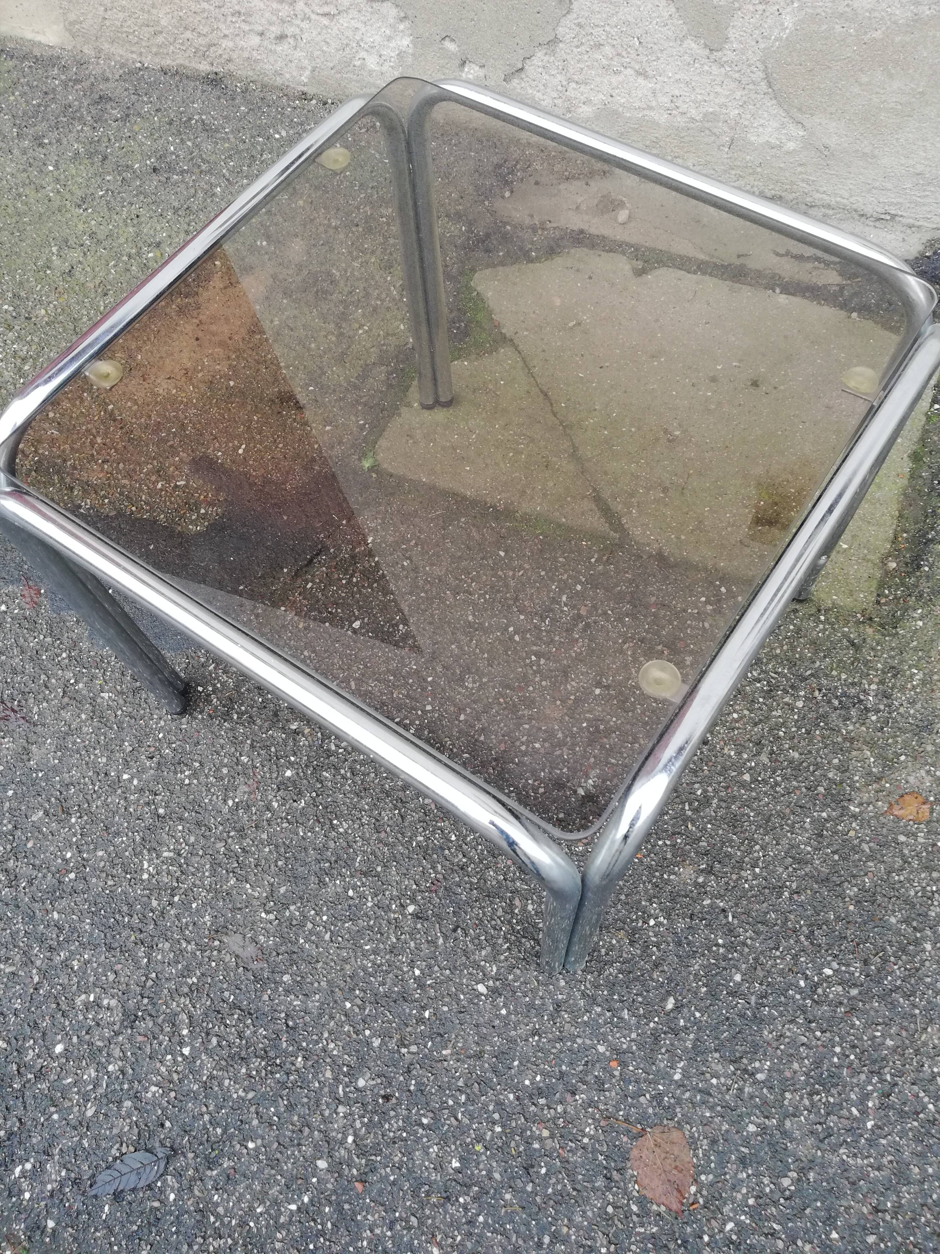 Table basse vintage chrome et verre fumé marron
