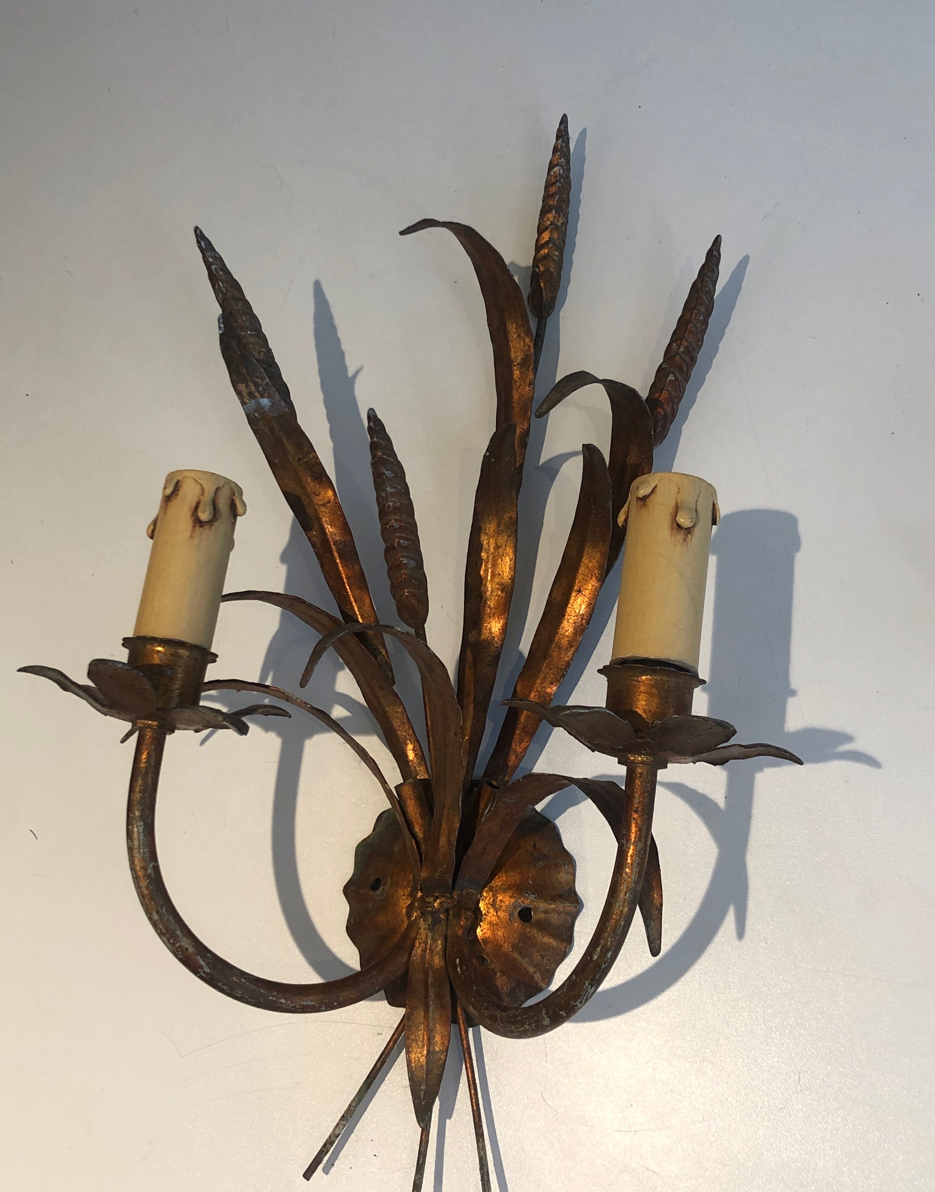 Pair of Coco Channel Style Wall Lamps in Golden Metal with Wheat Epis. French work. Around 1970