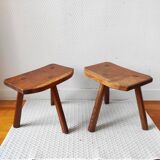 Pair of brutalist tripod stools in solid wood.