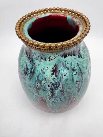 Vase CAB (Ceramics of Art from Bordeaux), turquoise green and red glaze.