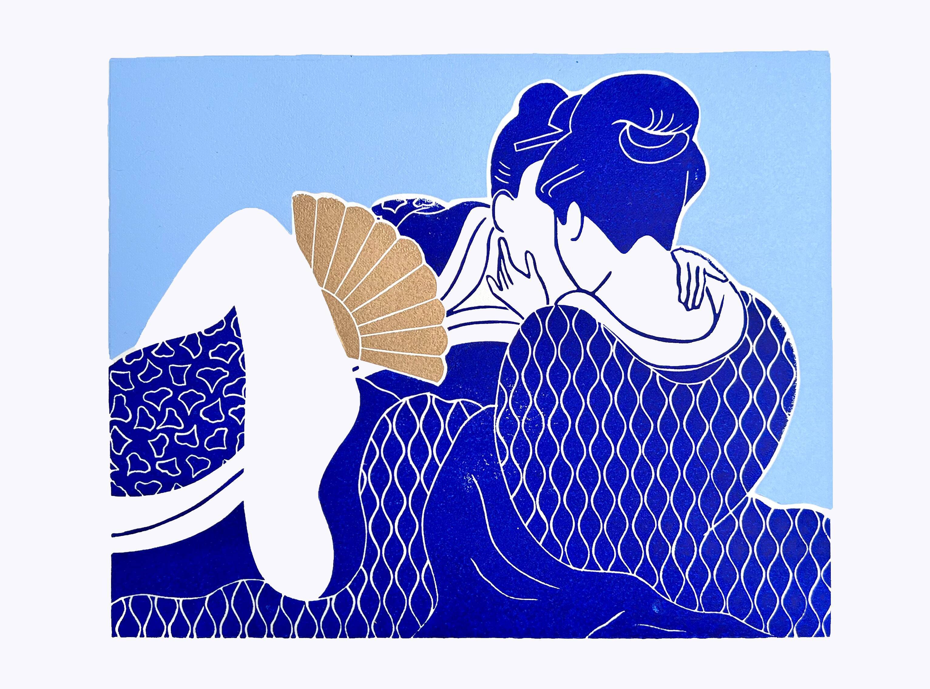Original linocut, erotic Japanese print