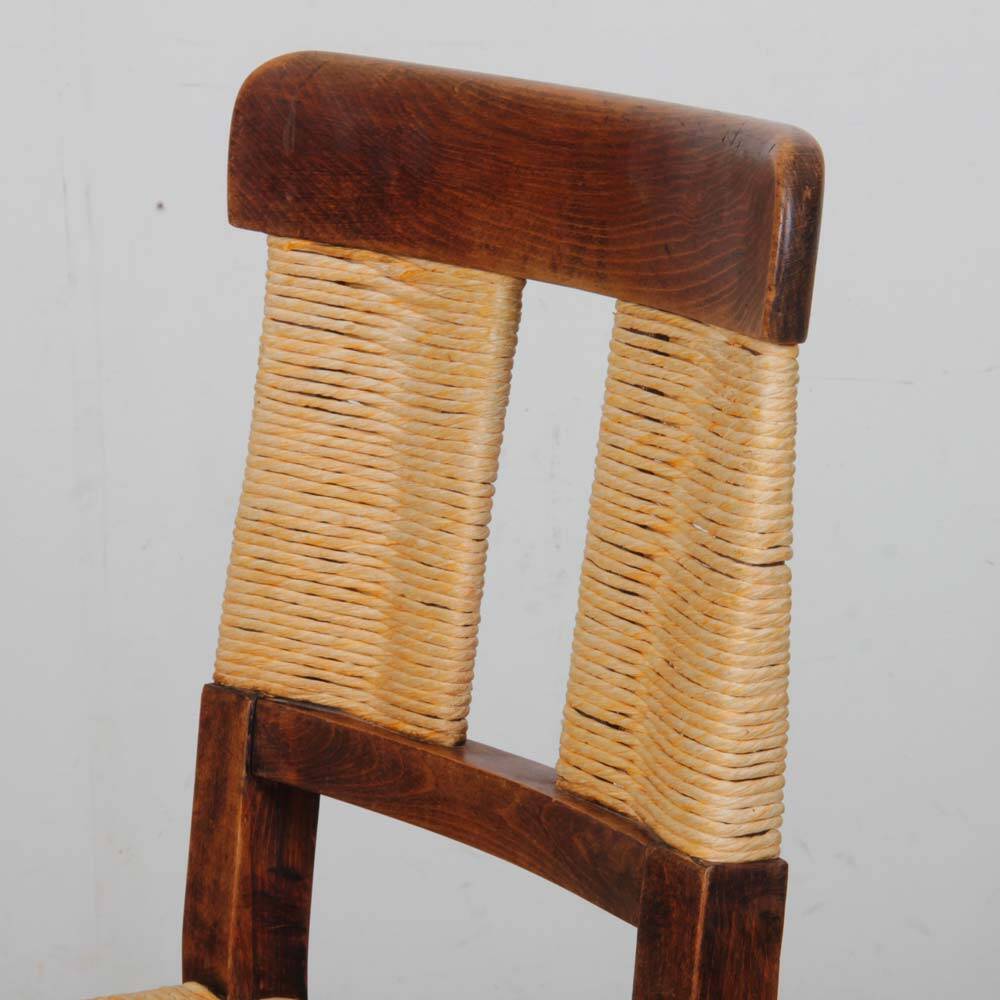 Set of 4 wooden chairs with rush seats, French work, 1940.