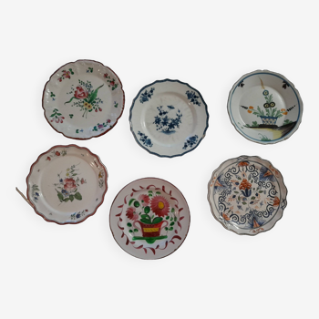 Set of 6 old plates, earthenware with flower theme