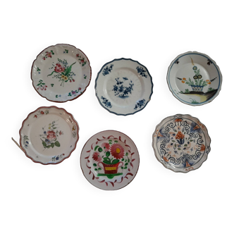 Set of 6 old plates, earthenware with flower theme