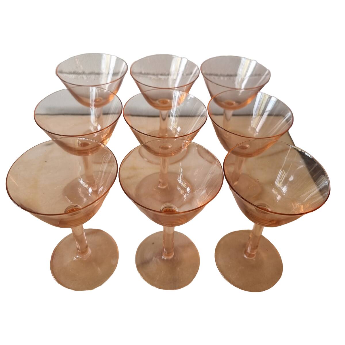 French Pink aperitif glasses set of 9, from the 1930s