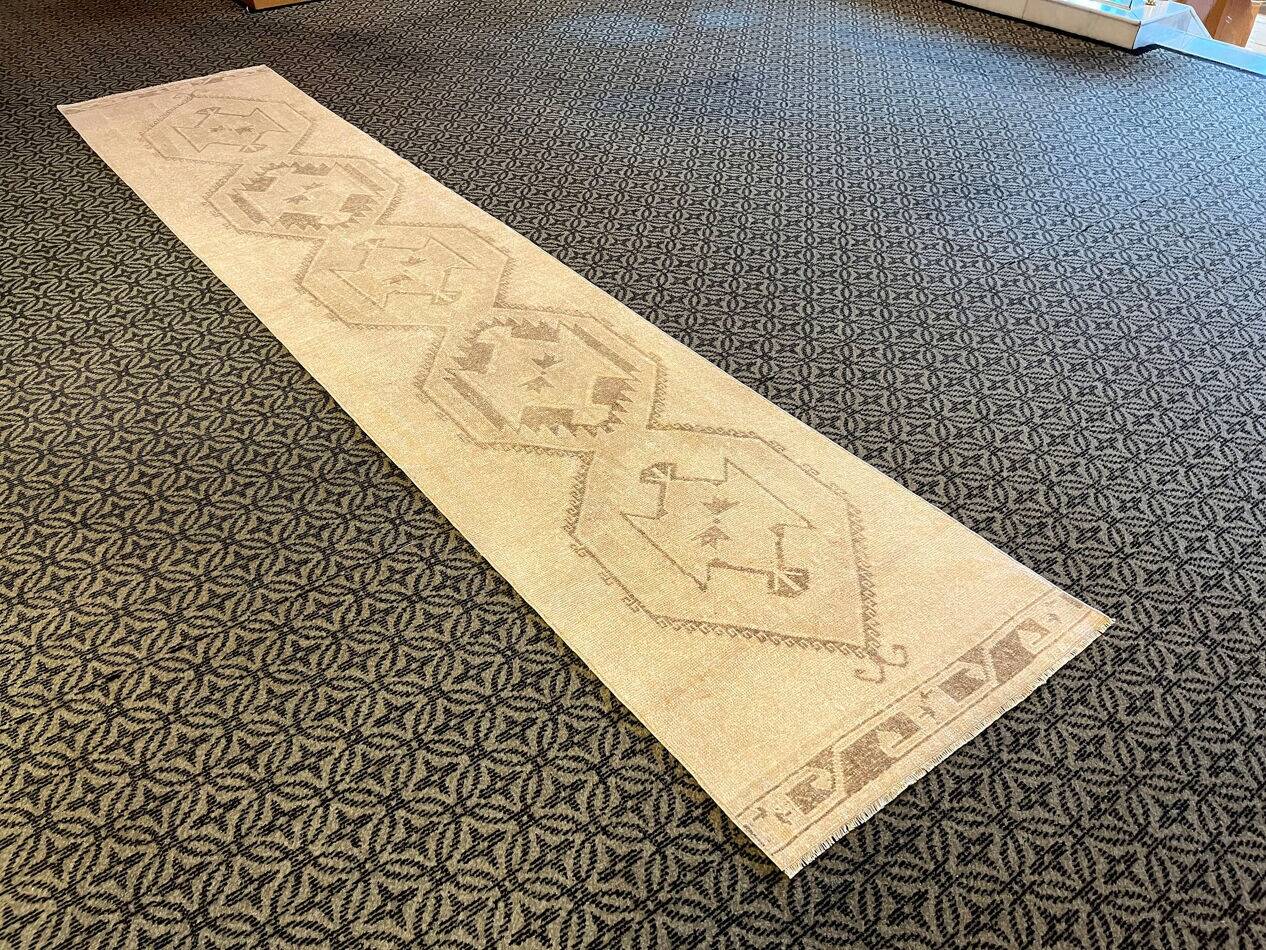 Vintage Handmade Soft Beige and Brown Long Hallway Runner