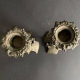 Pair of Napoleon III candlesticks in bronze and floral porcelain