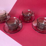 4 Arcoroc coffee cups and saucers in black transparent glass