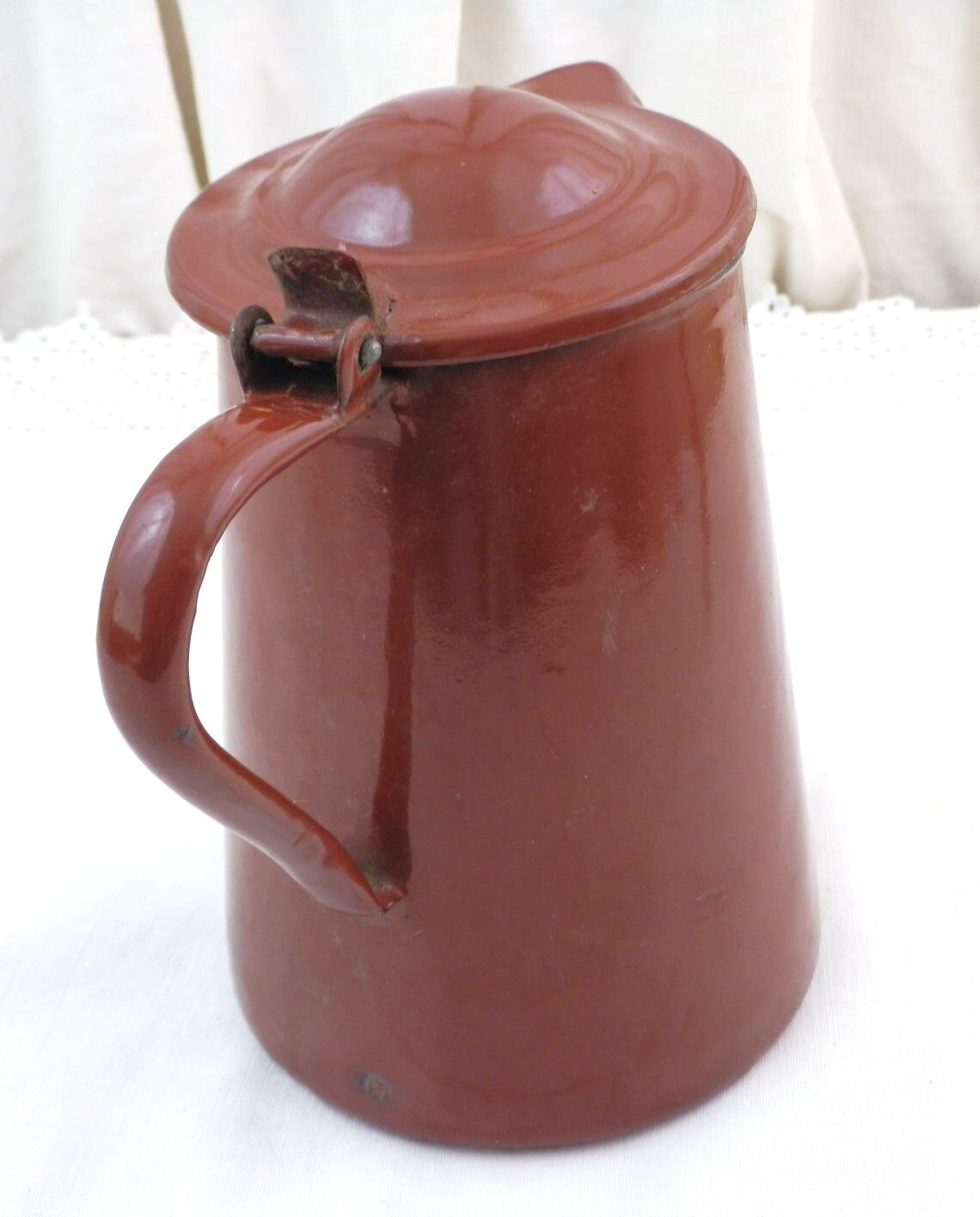 French vintage chocolate brown enamel lidded pitcher