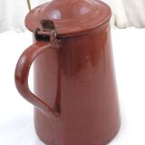 French vintage chocolate brown enamel lidded pitcher