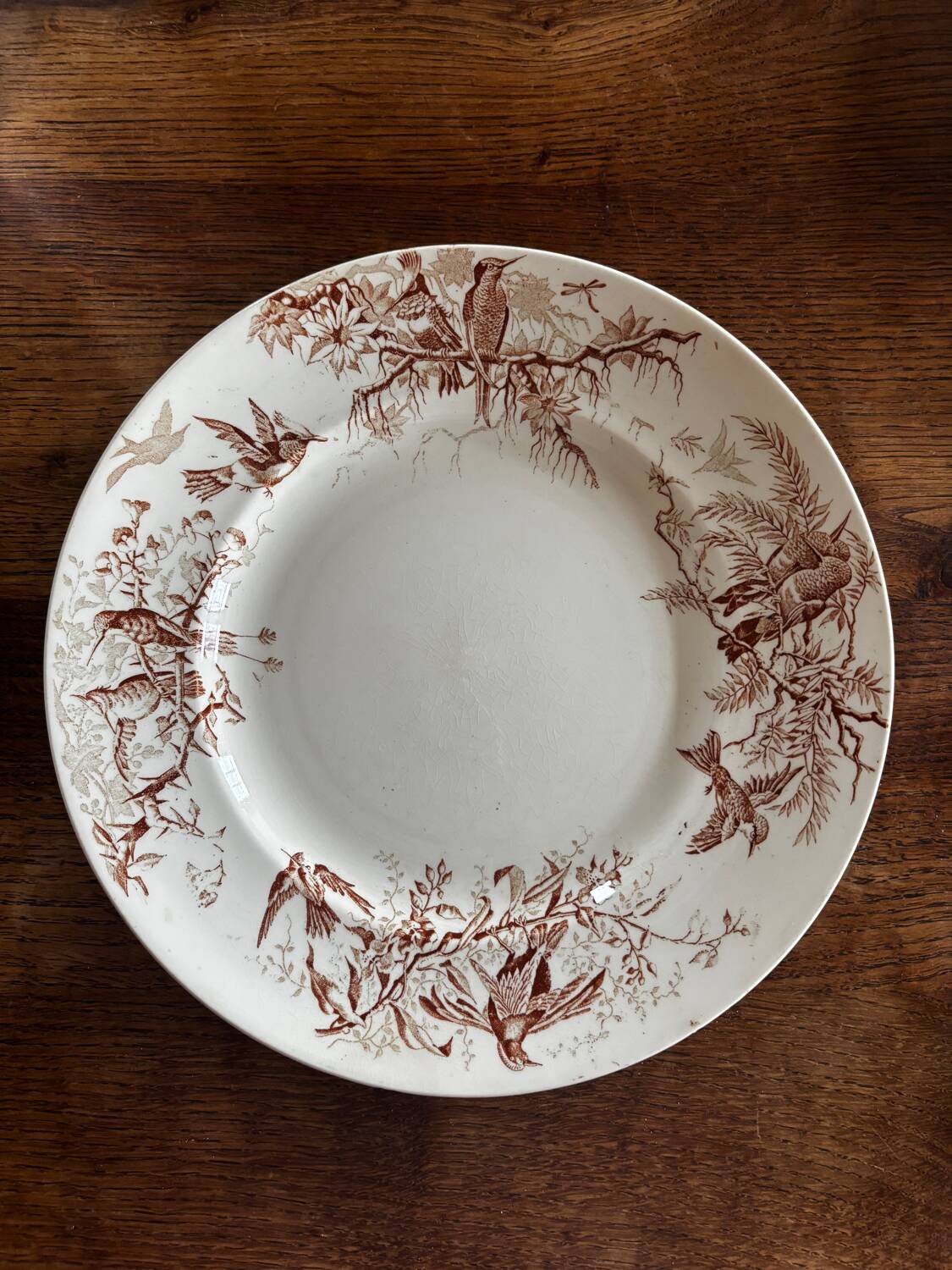 Antique KG Luneville round serving dish, colibri sepia