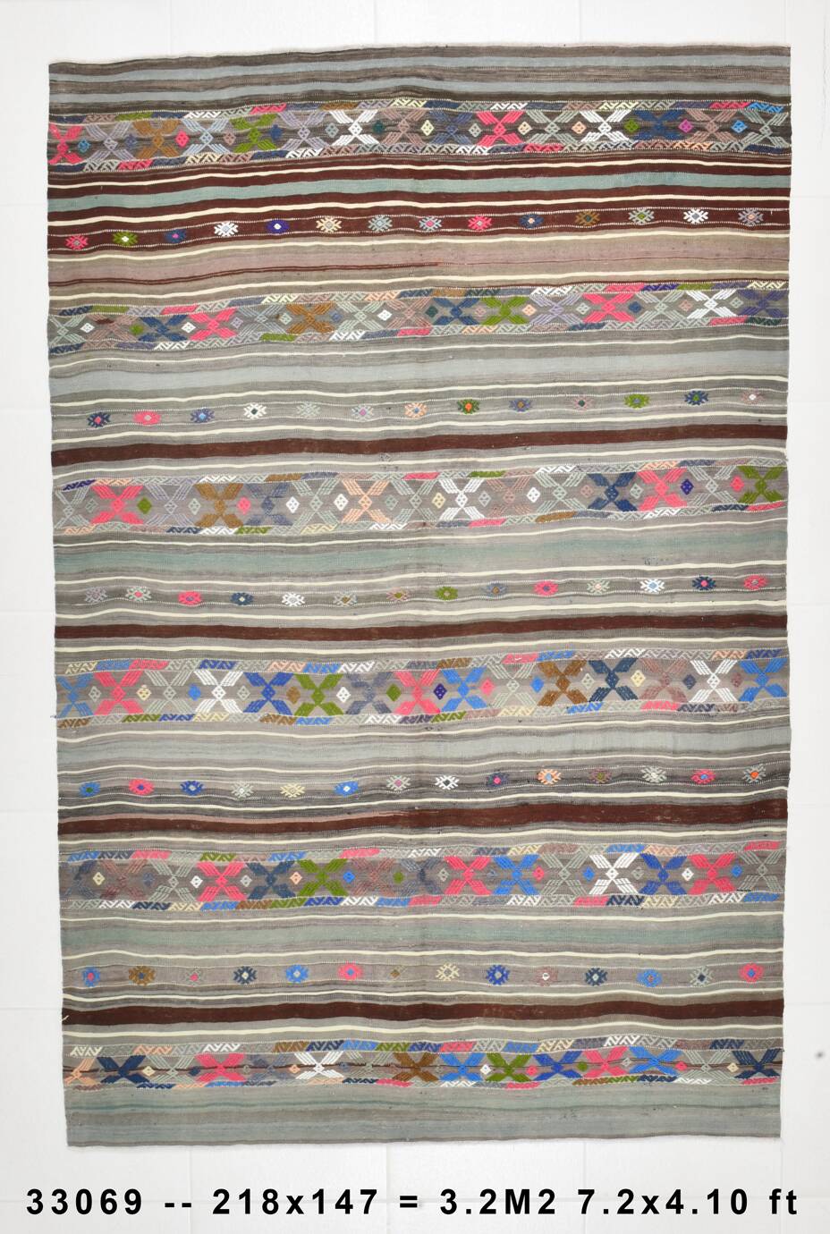 5x7 Gray & Green Pinstriped Turkish Kilim Rug, 147x218Cm