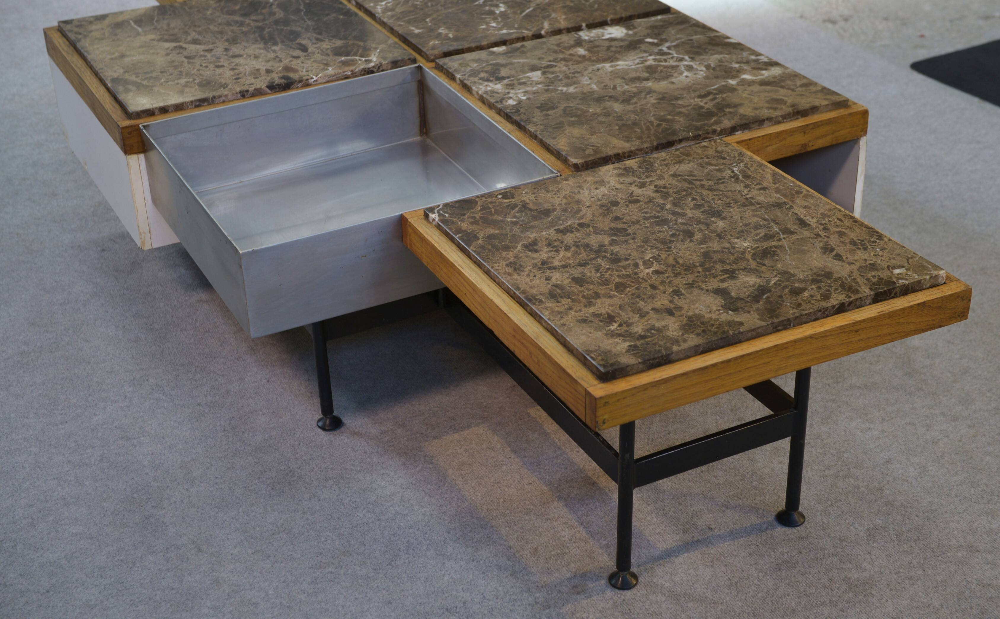 Coffee table with steel base and oak and grey marble frame, 1970s