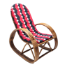 Postmodern bamboo rocking chair with red, black and white fabric upholstery