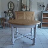 Round table with pearl gray patinated oak base, wooden top.