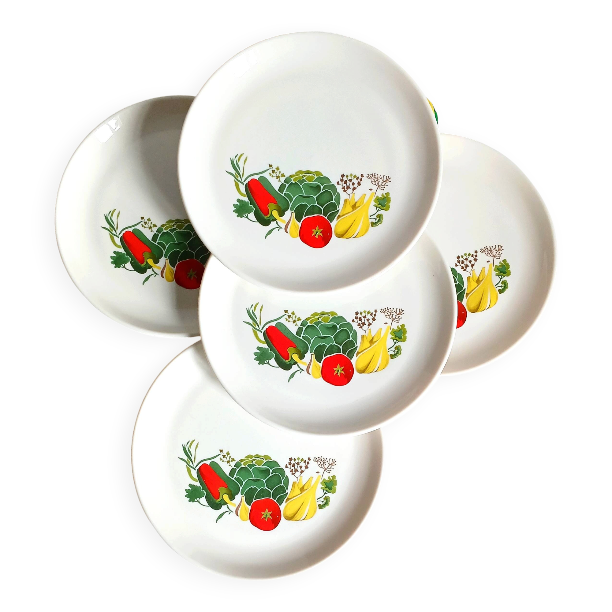 5 dessert/salad plates with stylised vegetable decoration. Sovirel France 70