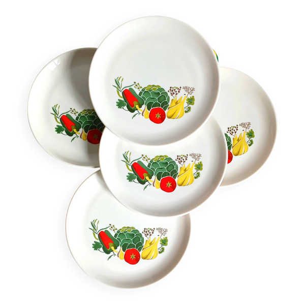 5 assiettes dessert / salade à décor de légumes stylisés. Sovirel France 70