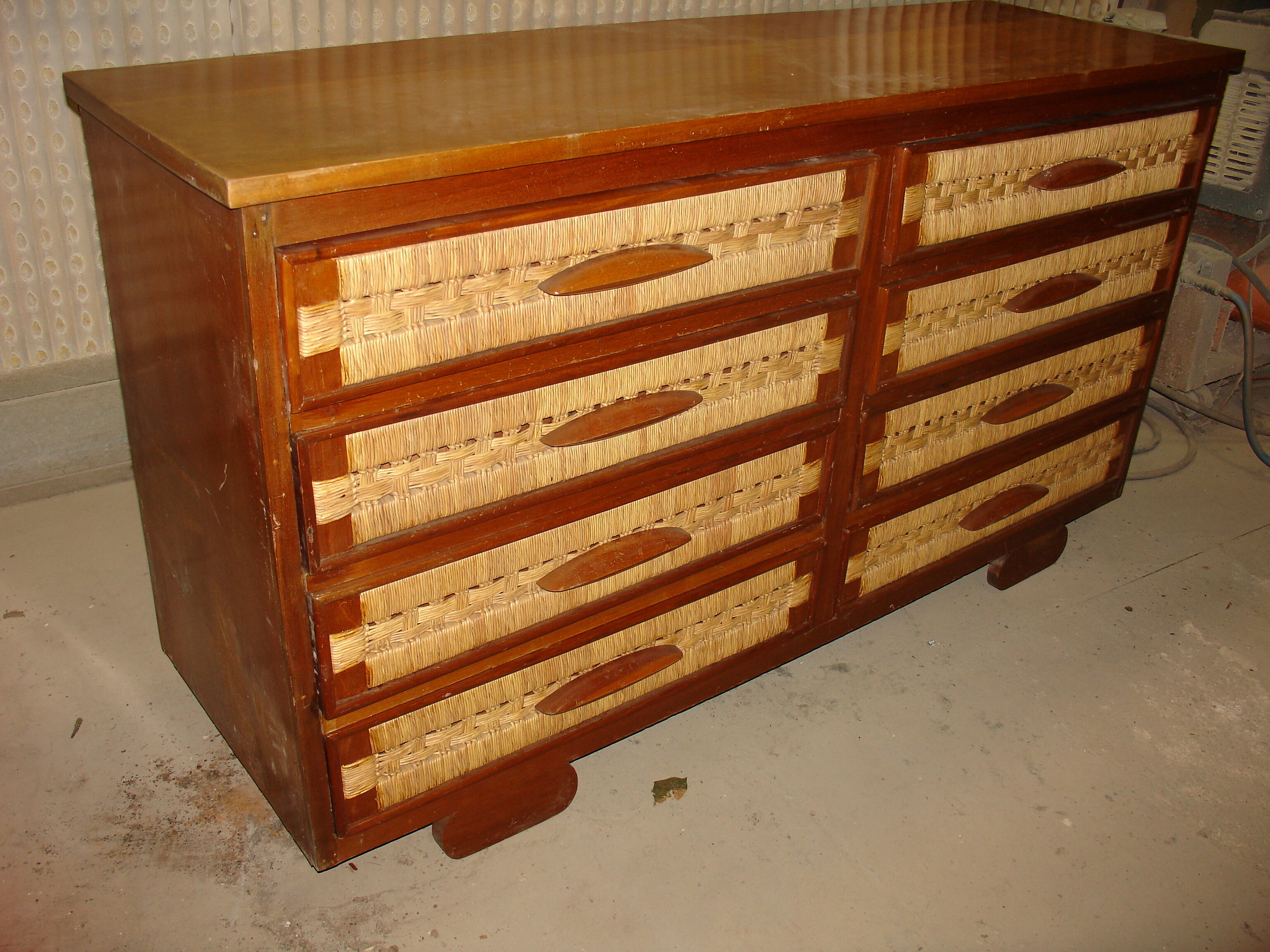 Mahogany and straw chest of drawers, circa 1950, Mexican made