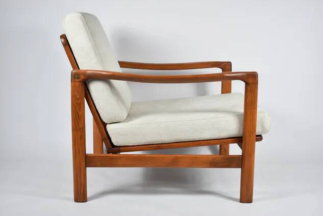 Scandinavian armchair in teak and cream fabric by Baczyk, 1960s, restored.