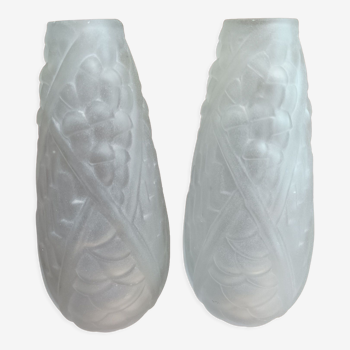 Paire de vases en verre givre compresse époque Art Deco
