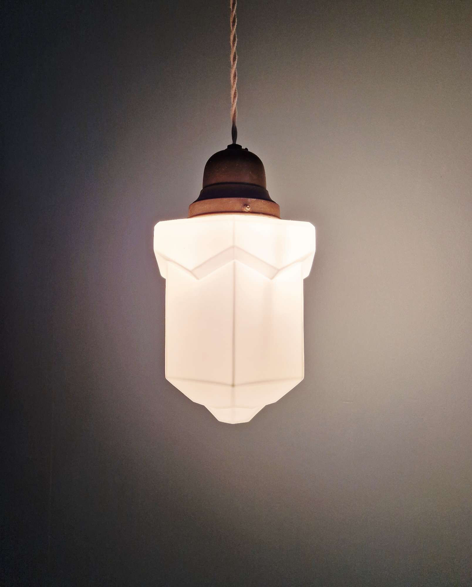 Art Deco skyscraper pendant lamp in white opaline, 1920-30