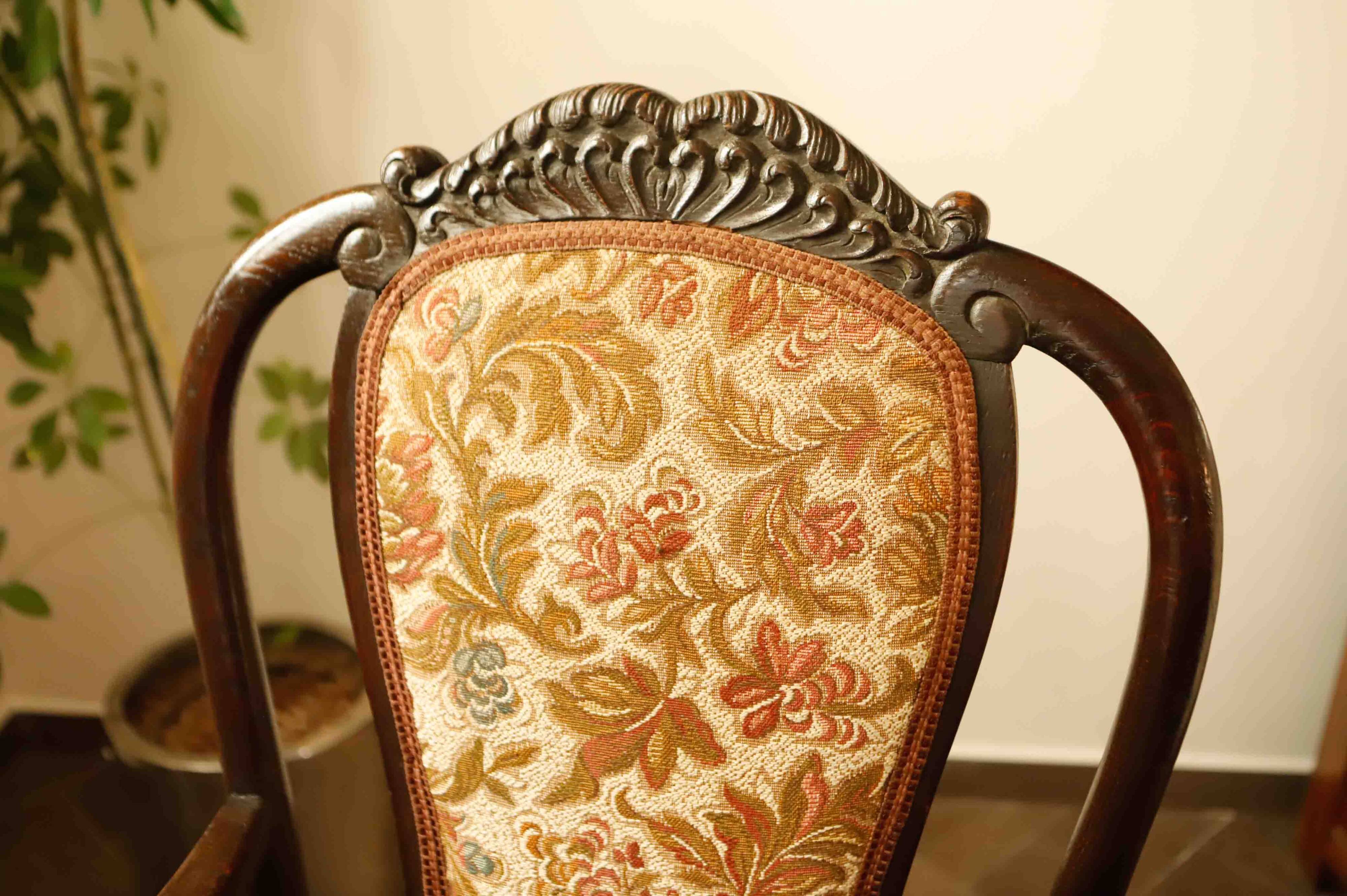 Antique Queen Anne Revival Carver Armchair with Floral Tapestry Upholstery