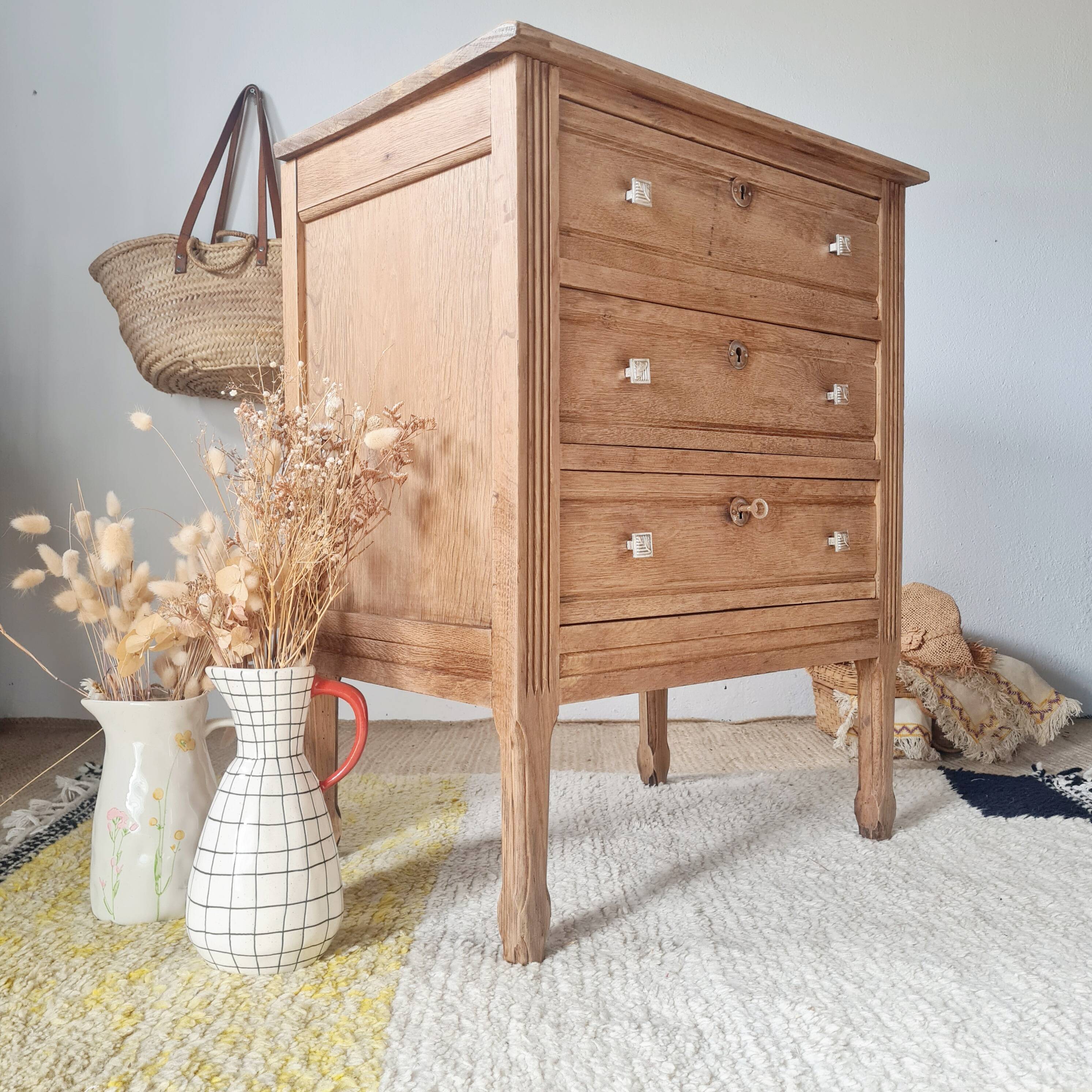 Petite commode 3 tiroirs bois brut- finition bois brut - 81 cm