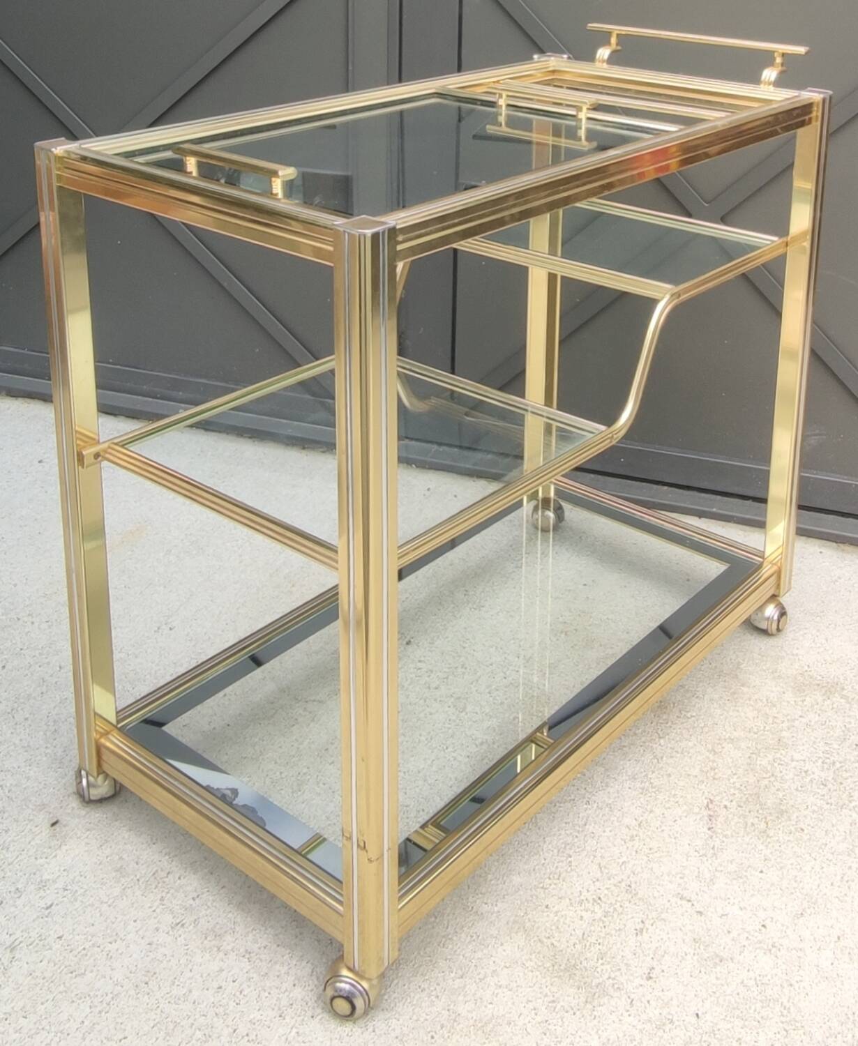 Rolling bar cart, gold-tone metal design, 1970s