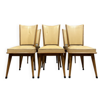 Series of 6 vintage chairs from the 1970s in light wood