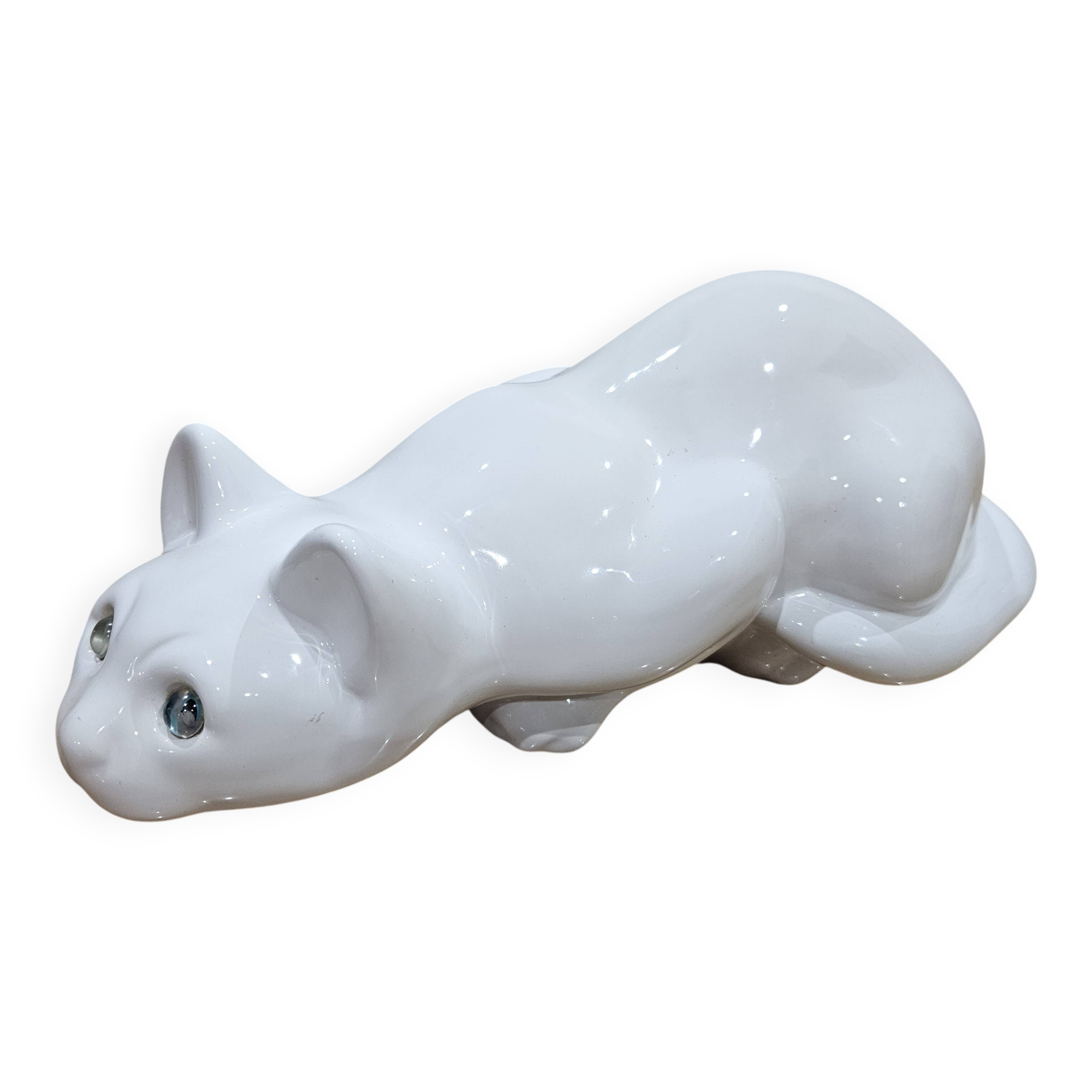 Elpa Alcobaca Portugal Ceramic White Cat Blue Glass Eyes, 1980s